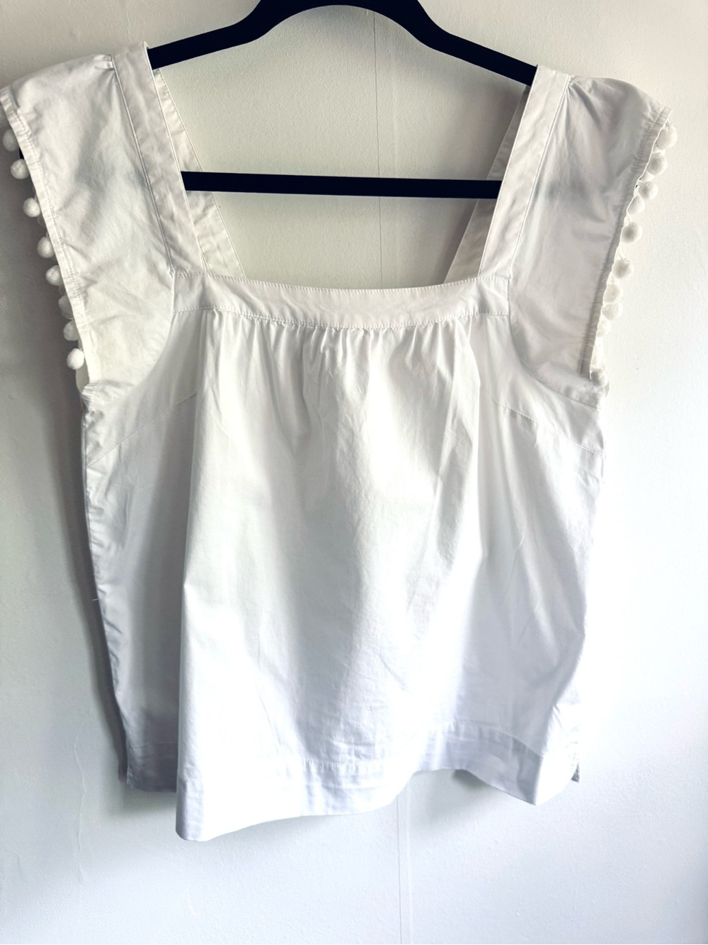 J. Crew White Square Neck Pom-Pom Sleeve Top